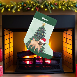 Pug in Santa Hat Christmas Tree Green Monogram Small Christmas Stocking