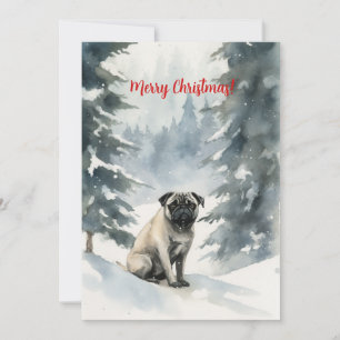 Pug In Snow Watercolor Christmas Holiday Card