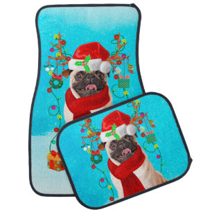 Pug in snow with Christmas gifts Car Floor Mat