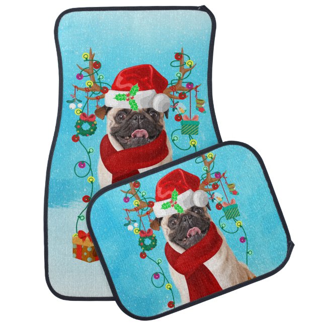Pug in snow with Christmas gifts  Car Floor Mat (Set)