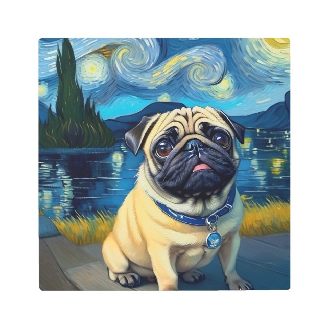 Pug in Starry Night Metal Wall Art (Front)