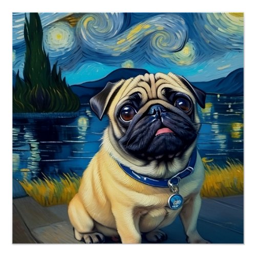 Pug in Starry Night Poster