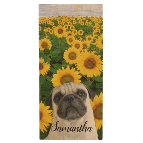 Pug in Sunflower blooms usb wooden flash drive