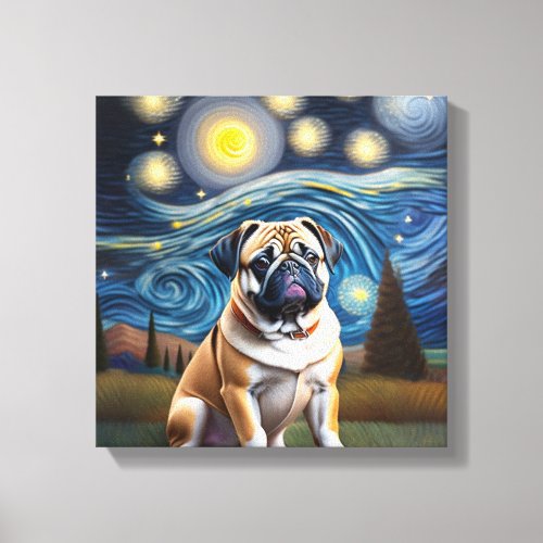 Pug in the Starry Night A Cute Whimsical Design Canvas Print