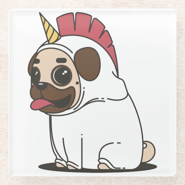 Pug in Unicorn Costume Glass Coaster (Front)