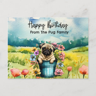 Pug in Wildflowers Birthday watercolor Postcard