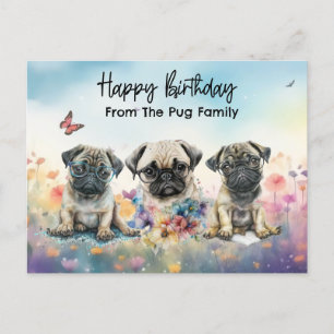 Pug in Wildflowers Birthday watercolor Postcard
