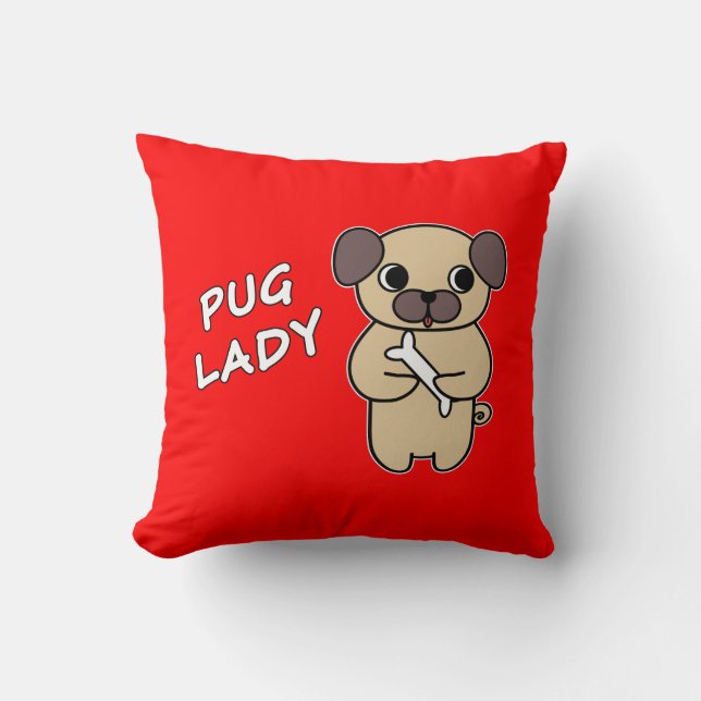 PUG LADY - Red Throw Pillow (Front)