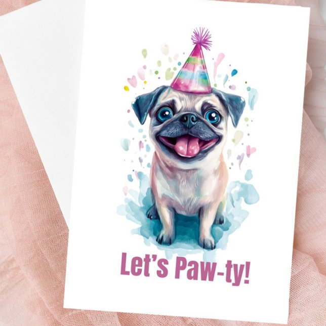 Pug “Let’s Paw-ty!” Celebration Card (Cute Pug Blank Greeting Card)