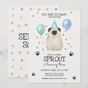 Pug Lets Pawty Dog Birthday Invitation Blue