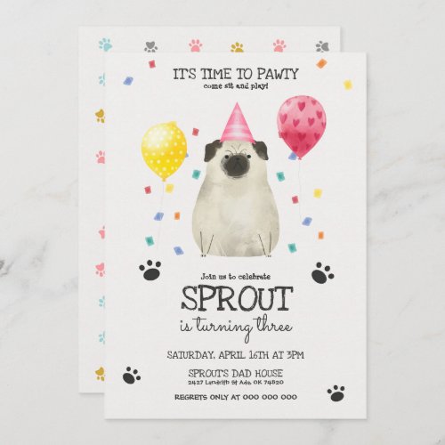 Pug Lets Pawty Dog Birthday Invitation Pink