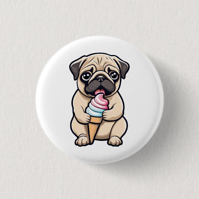 Pug licking ice cream button (Front)