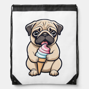 Pug licking ice cream drawstring bag