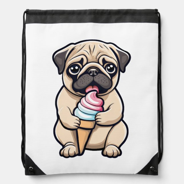 Pug licking ice cream drawstring bag (Front)