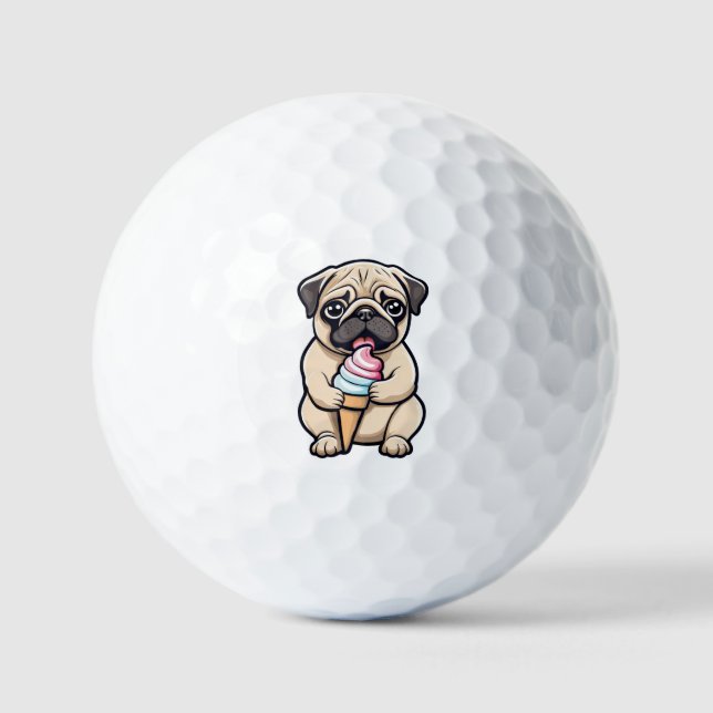 Pug licking ice cream golf balls (Front)