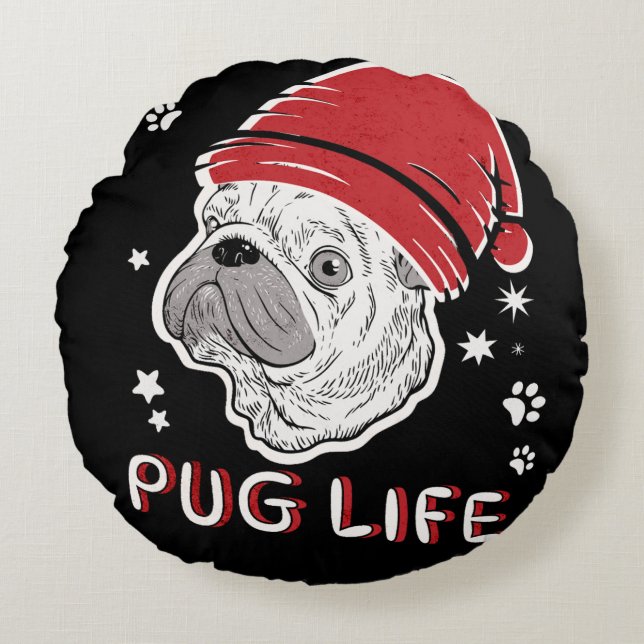 Pug Life Animal Santa Christmas Round Pillow (Front)