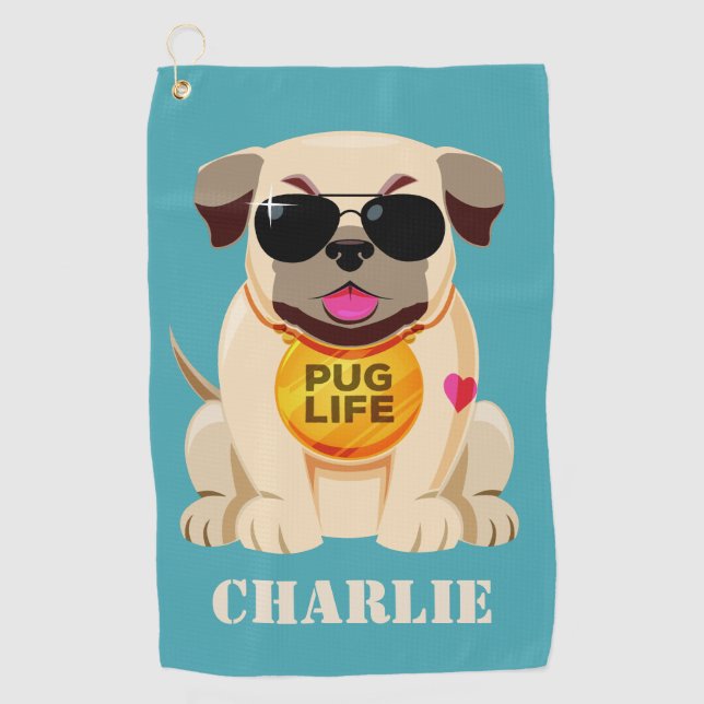 Pug Life custom name & color golf towel (Front)