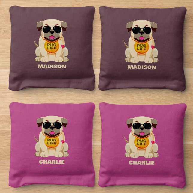 Pug Life custom names Cornhole Bags (Wood)