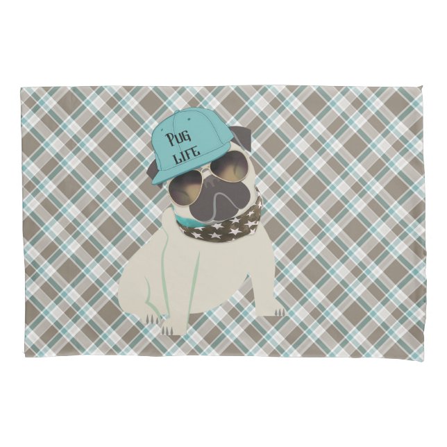 Pug Life Dog in Cap Bandana Shades Plaid Pillow Case (Front)
