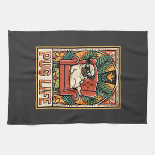 Pug Life Retro Folk Art Dog Kitchen Towel
