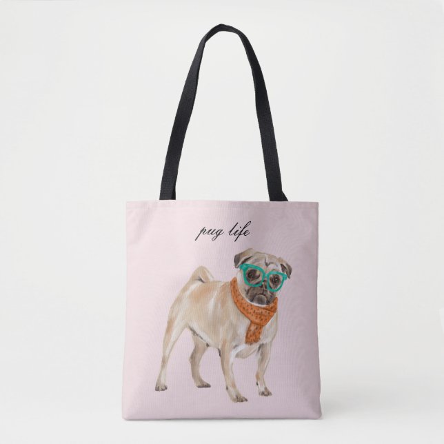 Pug Life Text Editable Hipster Pug with Glasses Tote Bag (Front)