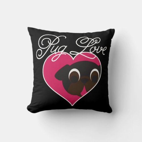 Pug Love Black Pug In Heart Throw Pillow