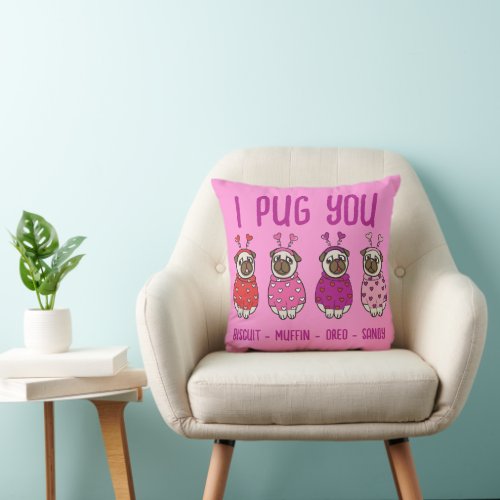 PUG LOVE Valentines Day Dog Doggy Puppy PINK Throw Pillow
