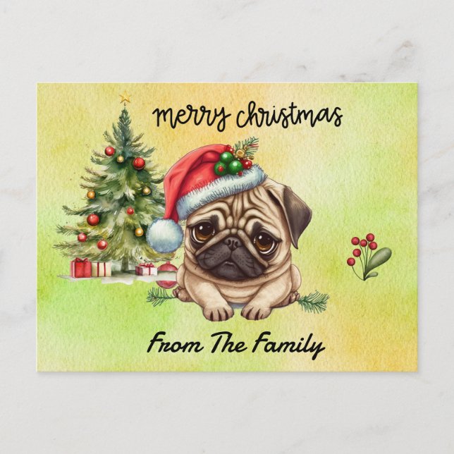 Pug Merry Christmas watercolor Postcard (Front)
