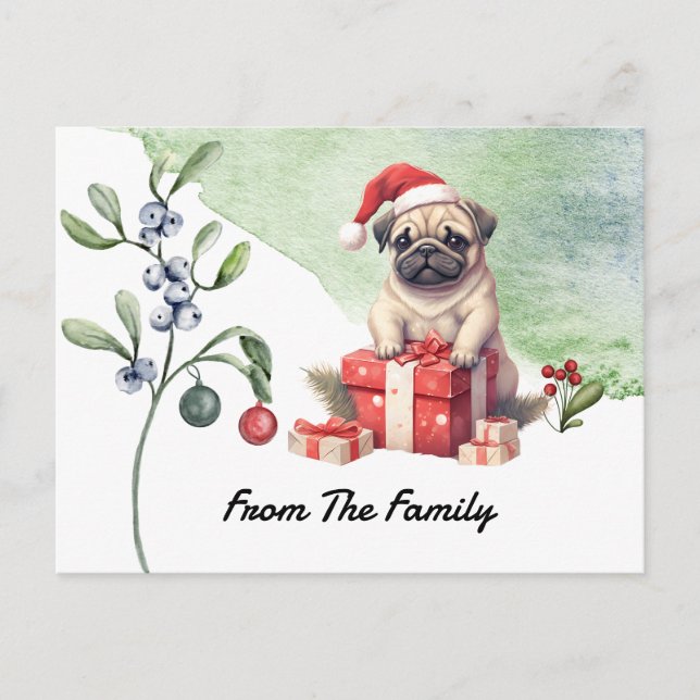 Pug Merry Christmas watercolor Postcard (Front)