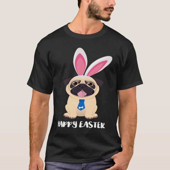 Pug Mom Easter Pug with Bunny Ears and Dog Bone Ti T-Shirt (Front)