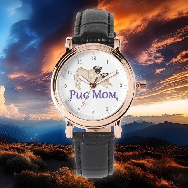 Pug Mom Pair Fawn Pugs Stylish Watch (Choose from a variety of watch and band styles on this Pug Mom watch.)