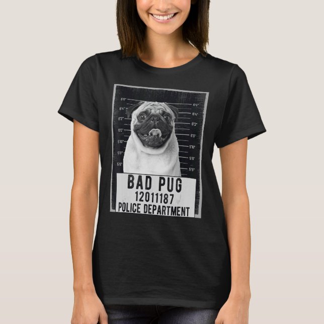 Pug Mug Shot Criminal Dog T-Shirt (Front)