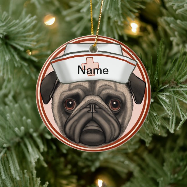 Pug nurse  ceramic ornament (Tree)