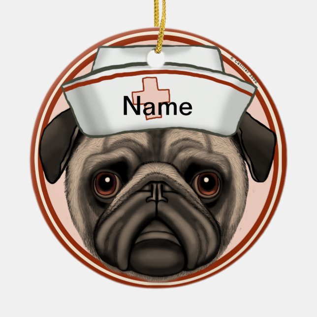 Pug nurse  ceramic ornament (Front)