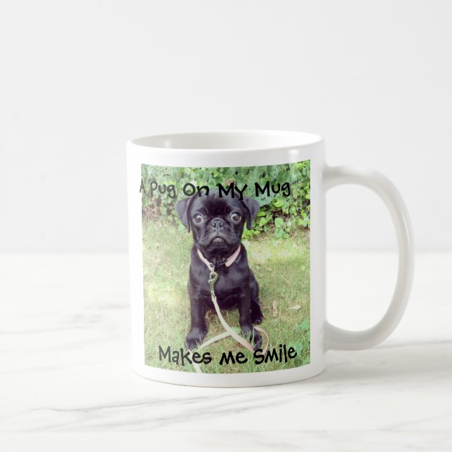 Pug on a Mug Coffee Cup Cute Black Puppy Pink Lead (Right)
