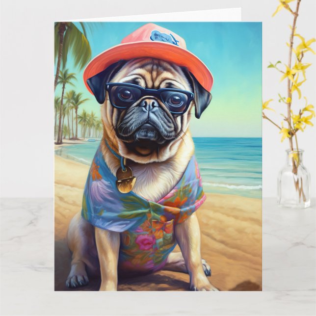 Pug on Beach, summer gift for dog lover  Card (Yellow Flower)