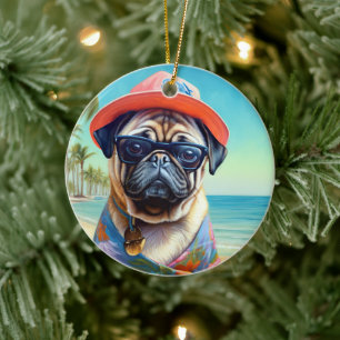 Pug on Beach, summer gift for dog lover Ceramic Ornament
