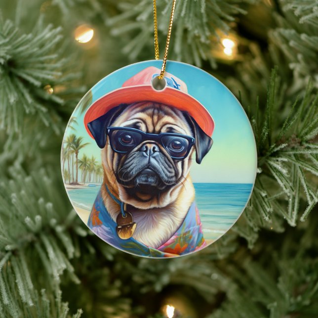 Pug on Beach, summer gift for dog lover  Ceramic Ornament (Tree)