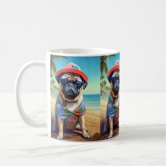 Pug on Beach, summer gift for dog lover  Coffee Mug (Left)