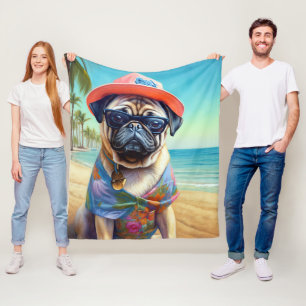 Pug on Beach, summer gift for dog lover  Fleece Blanket