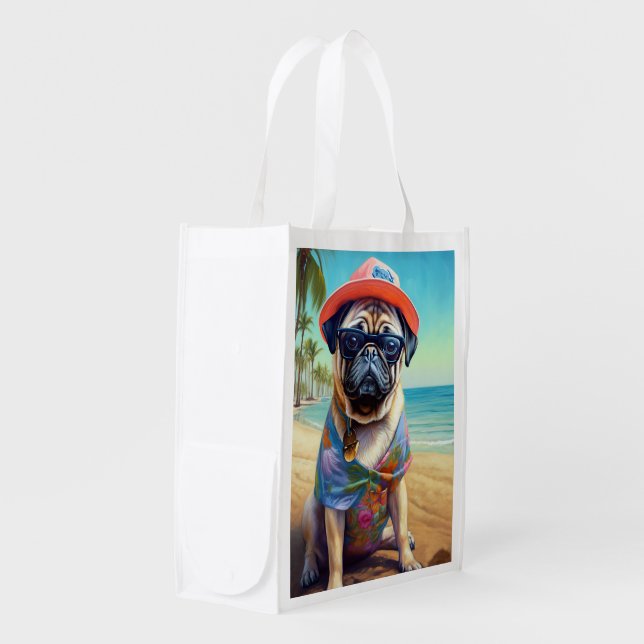 Pug on Beach, summer gift for dog lover  Grocery Bag (Front Side)