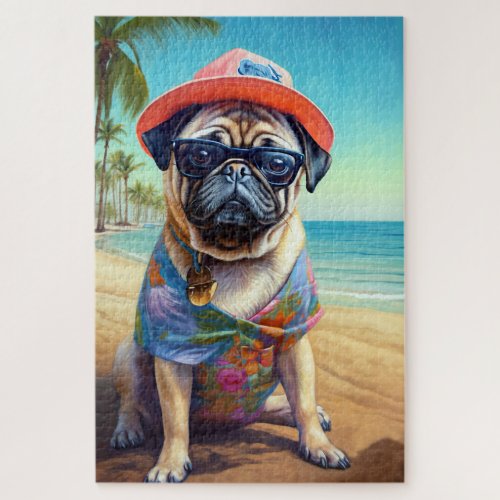 Pug on Beach summer gift for dog lover  Jigsaw Puzzle