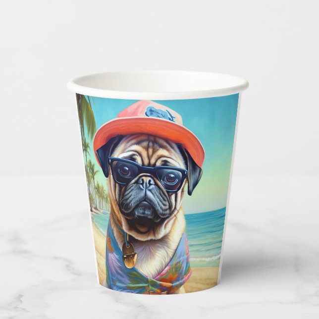 Pug on Beach, summer gift for dog lover  Paper Cups (Front)