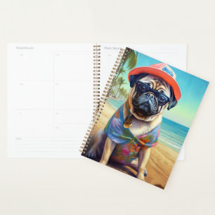 Pug on Beach, summer gift for dog lover Planner