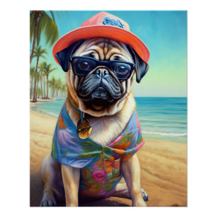 Pug on Beach, summer gift for dog lover  Poster