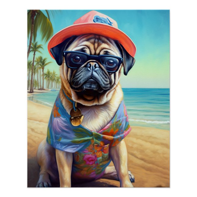 Pug on Beach, summer gift for dog lover  Poster (Front)