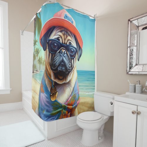 Pug on Beach summer gift for dog lover  Shower Curtain