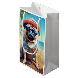 Pug on Beach, summer gift for dog lover Small Gift Bag