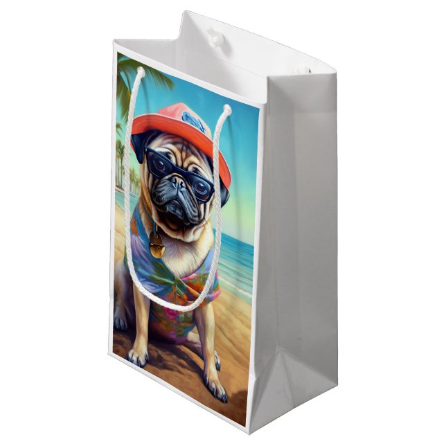 Pug on Beach, summer gift for dog lover  Small Gift Bag (Front Angled)