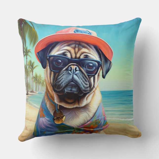 Pug on Beach, summer gift for dog lover  Throw Pillow (Back)